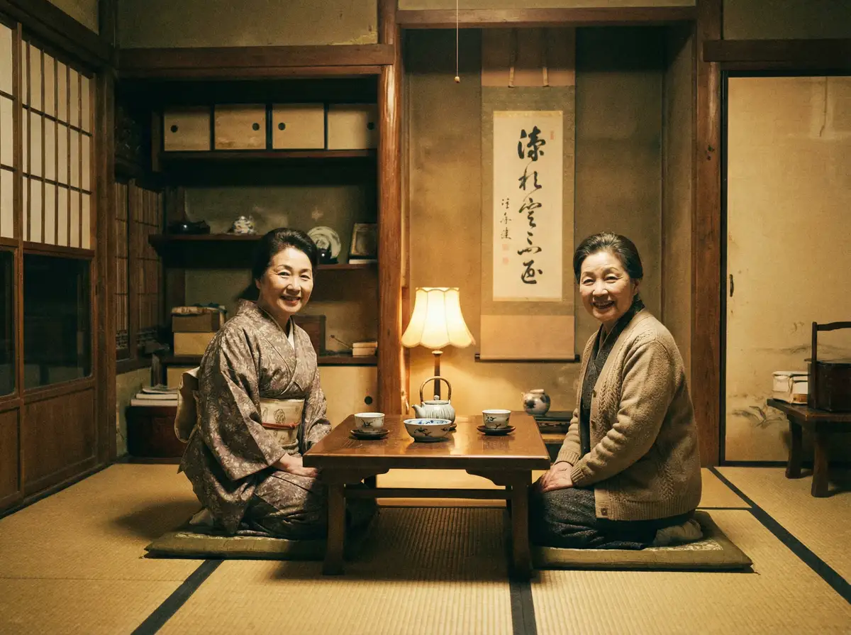 两位优雅的 字母圈 在日式茶室中品茶交谈